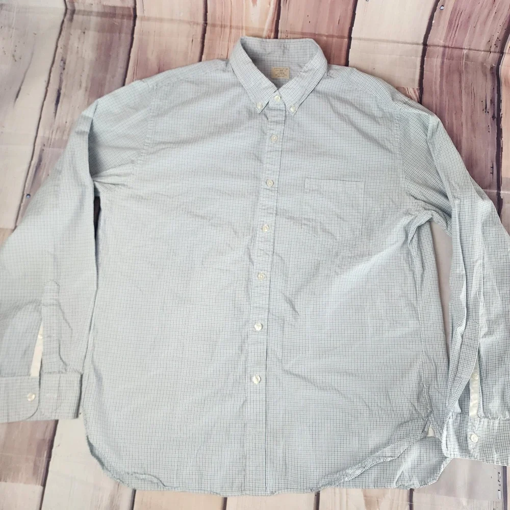 J CREW Shirt Mens XL 17-17.5 2-Ply Cotton Button Down‎ L/S Purple Green Check